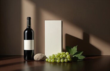 Fototapeta premium Dark wine bottle with blank label stands by grapes and stone. Minimalist product shot with neutral background and soft light creates elegant mood. Ideal for branding wine or beverage ads.