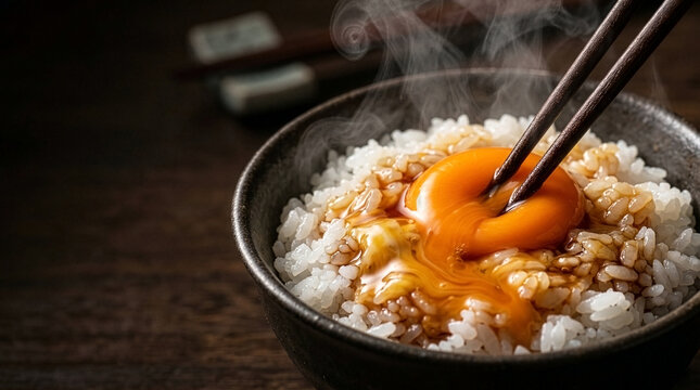 Chopsticks Puncturing Raw Egg Yolk over Steaming White Rice with Soy Sauce for Japanese Tamago Kake Gohan TKG