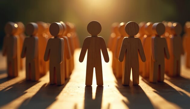 Wooden figures stand in a line facing light. One figure stands out from the group. Leadership concept, team unity, and individual contribution.