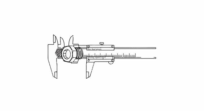 Detailed schematic of a caliper measuring a hexagonal bolt with precision markings