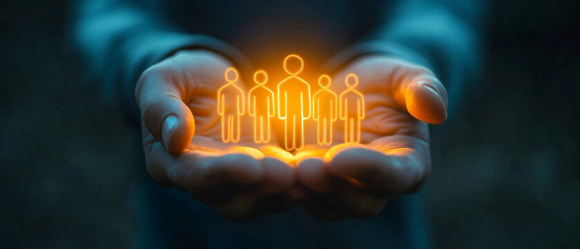 The palms hold glowing silhouettes of people, demonstrating care and creating a social backdrop for the team and human capital.