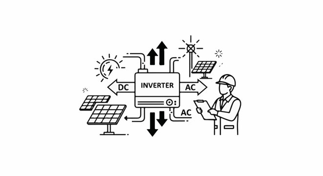 Diagram of solar power conversion with an inverter and technician