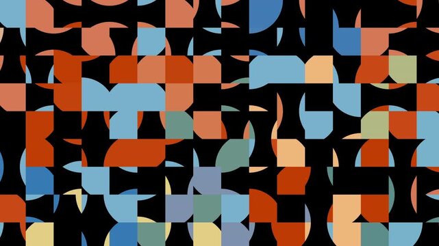 Animated Geometric pattern or background loop. Trendy retro 1970s geometric background with colorful transition circles in vintage colors - blue