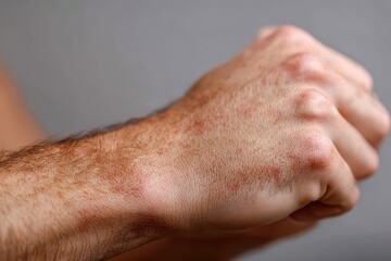 Fototapeta premium Close-up macro shot of a human hand showing red, irritated skin patches and dryness.