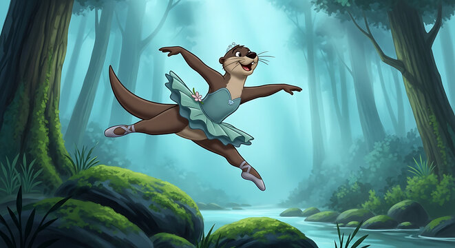 A joyful otter wearing a tutu performs a graceful leap above the river in the forest and brings magic to the woodland landscape while dancing with spirit and charm in a whimsical nature scene