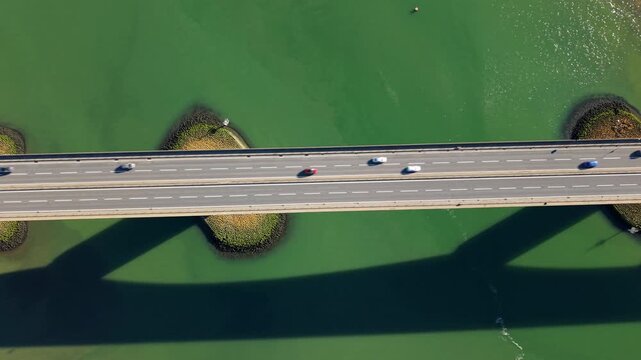 Aerial drone view of Orwell Bridge with traffic crossing over the River Orwell near Ipswich, UK