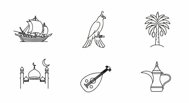 Islamic cultural icons ship, falcon, palm tree, mosque, lute, coffee pot