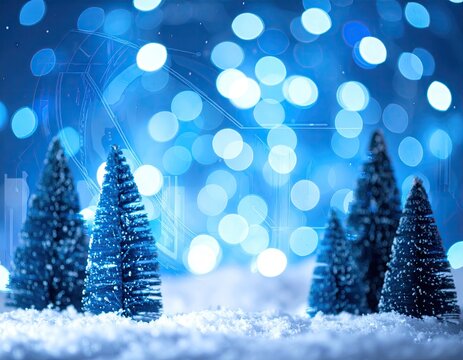 Miniature Christmas Trees with Blue Holiday Lights Background.