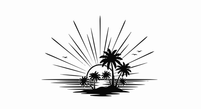 Silhouette of tropical island with palm trees and sun rays