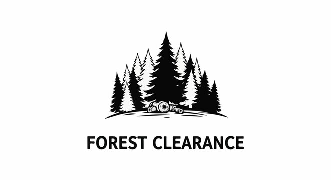 Silhouetted pine trees above logs, with text "FOREST CLEARANCE" below