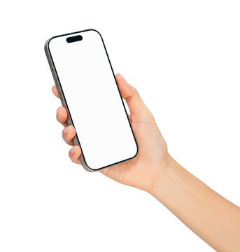 Clipping path, Gesture of hand holding smartphone with a blank screen, for mobile app mockup and digital technology concept.