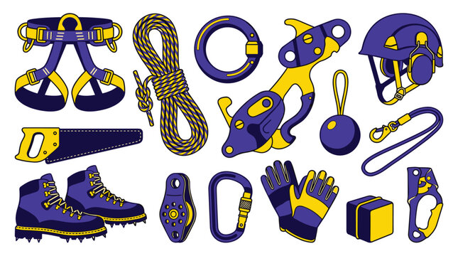 A complete set of professional industrial climbing and arborist equipment, featuring a vibrant purple and yellow harness, rope, helmet, and carabiners, meticulously arranged.