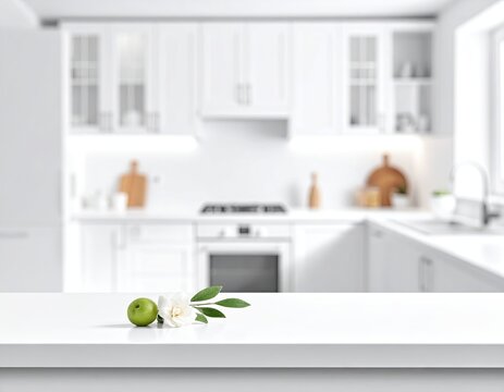 Modern Bright White Kitchen Interior Design with Countertop.