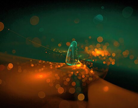 Abstract glowing liquid drop with bokeh light effects.