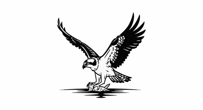Black and white illustration of an osprey with wings spread, clutching a fish