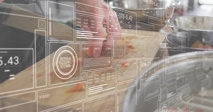 Cook left hand steadying carrot while right hand slicing with knife into prep bowl, HUD tracking