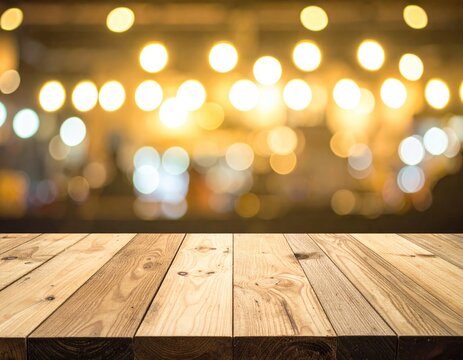 Wooden Table Surface with Blurred Warm Lights Background.