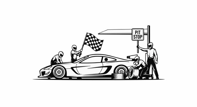 Racing car pit stop with checkered flag and crew members changing tires