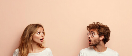 Fototapeta premium A surprised blonde woman and a man wearing glasses stare at each other with their mouths agape, serving as the main backdrop for humorous or reactionary content.