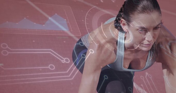 Woman shifting weight on red track, HUD scanning metrics and showing shoulder power for launch