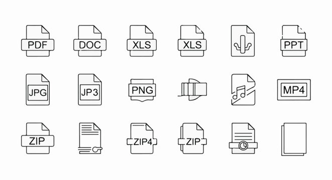 Various computer file format icons in a clean, minimalist outline style