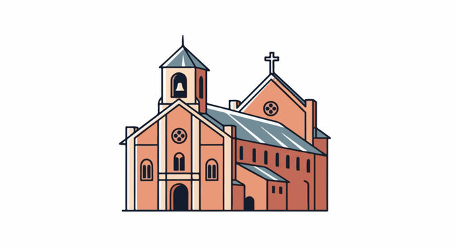 Stylized illustration of a church building with a bell tower and cross