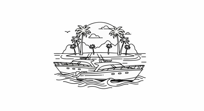 Two yachts sail past a tropical island with palm trees under a setting sun