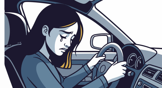 Woman with tears streaming down her face drives a car