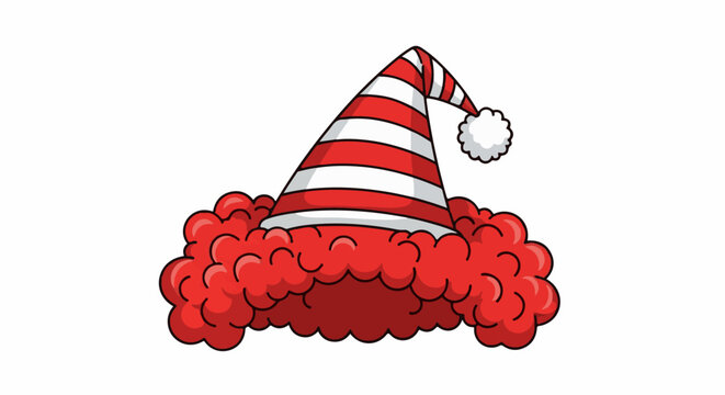 Whimsical red and white striped elf hat with fluffy red trim
