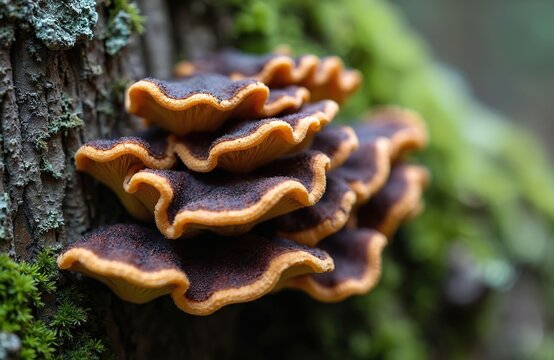 Brown shelf mushroom grows on tree bark. Fungal growth has wavy edges and pores underneath. Moss covers tree trunk in forest. Natural organic detail close up.