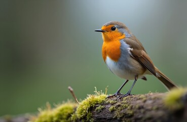 Fototapeta premium European robin perched on mossy branch. Small passerine bird with orange breast, grey and brown plumage sits alertly outdoors. Wildlife detail in soft green background.