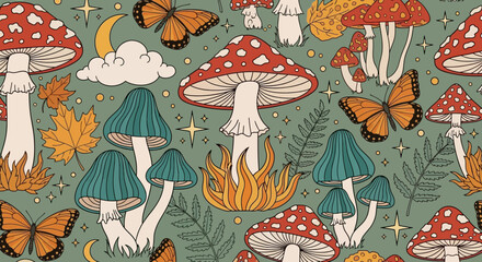Obraz premium Groovy 70s Vintage Mushroom and Butterfly Seamless Pattern, Mystical Retro Hippie Aesthetic Background with Fly Agaric, Moon, and Stars for Fabric and Wallpaper Design