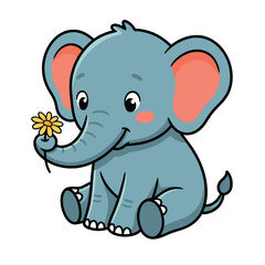 Fototapeta premium Cute cartoon baby elephant sitting with pink ears holding yellow flower illustration