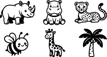 Obraz premium Line art animal characters rhino hippo cheetah bee giraffe and palm tree