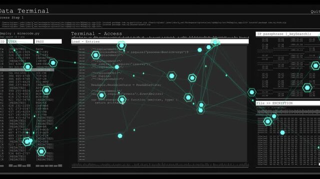 Teal hexes receiving data stream, clustering nodes and populating code editor for encryption