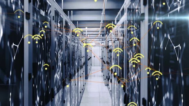 Central server aisle showing network overlay after front node activating lines forming data flow