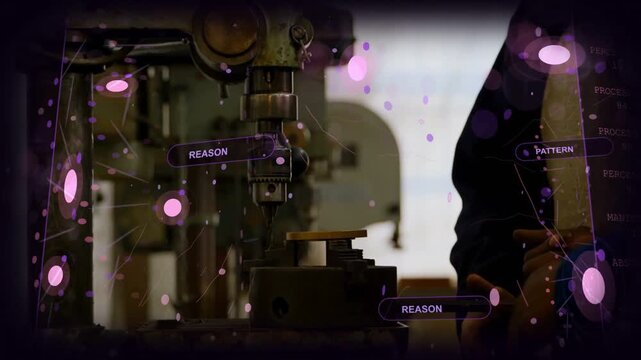 Tech hands and helper entering frame starting setup adjusting part on drill press HUD tagging nodes