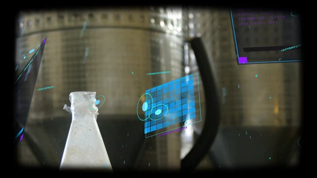 HUD activating, small conical bottle sitting on countertop, blue grid and nodes analyzing for tech