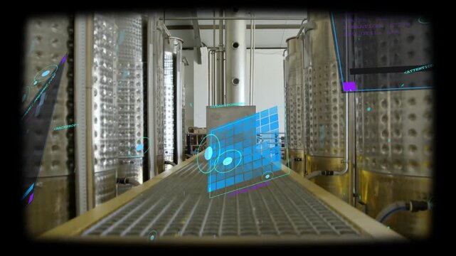 Low camera advancing along yellow walkway, overlaying holo grid aligning tanks for plant monitoring