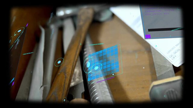 Camera panning over workshop drawer, revealing hammer, rod while blue grid marking for inspection