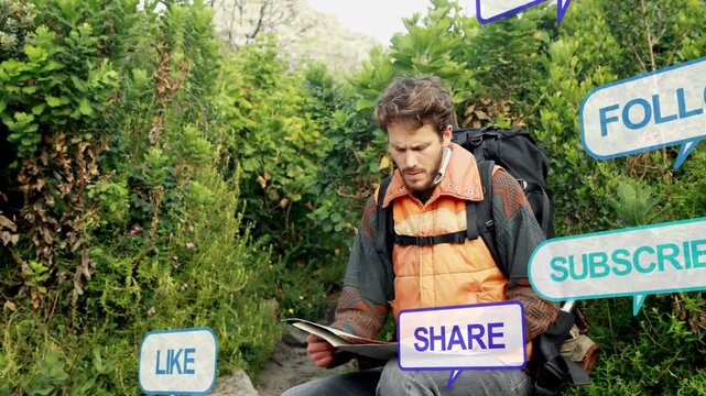 Male hiker scanning map on mountain trail, social bubbles appearing and distracting travel search