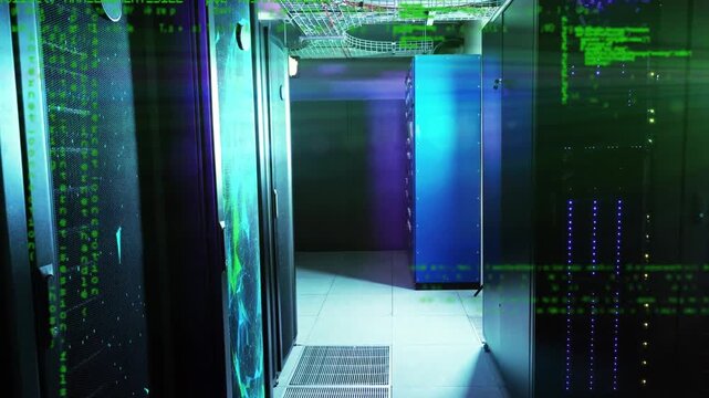 Data center aisle showing blue cabinet while green code overlay drifting from right signaling load