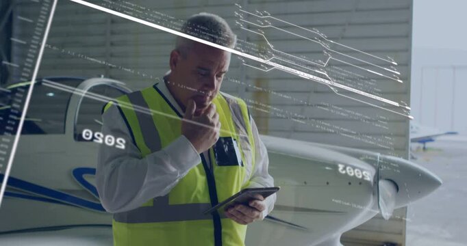 Male tech tapping tablet in hangar, showing HUD timeline, checking plane, reporting via radio