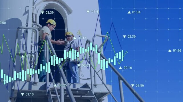 Two techs exiting access hatch checking tablet inspecting tower while data scrolling beside them