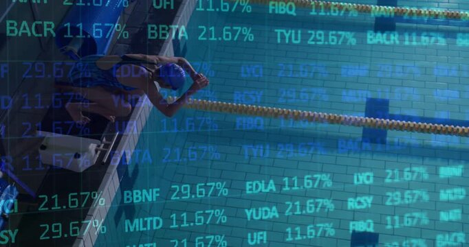 Swimmer pushing off start block diving gliding surfacing as % overlaying scene for competition