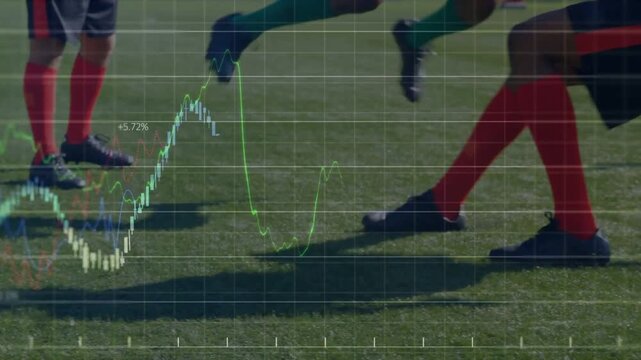Green player dribbling on field, red sliding tackle regaining ball while sports charts animating