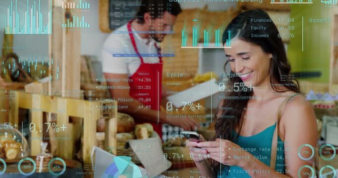Woman bringing phone into view and scrolling, finance charts floating over bread as clerk arranging