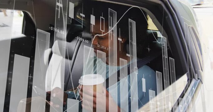 Passenger holding cup, reading phone, checking stocks and starting market charts overlaying window