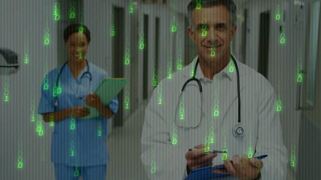 Vertical video: Camera pulling back and binary growing causing doctor updating chart on pad in ward