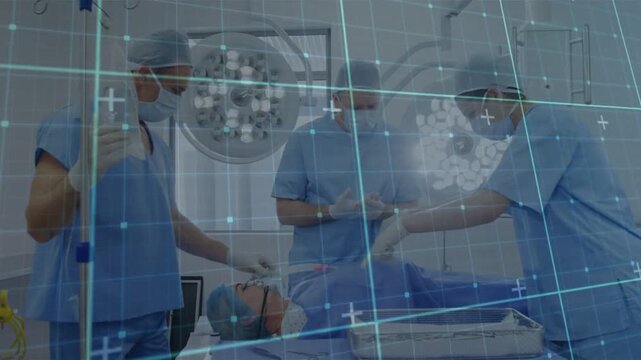 OR team steadying head donning gloves handing tools under blue grid with surgery prep starting